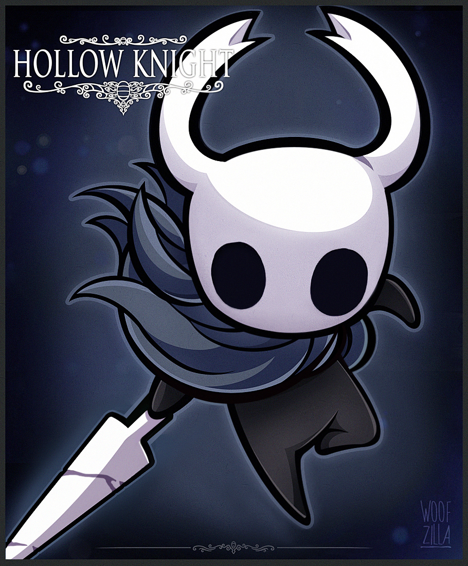woofzilla, knight (hollow knight), hollow knight, commentary, english commentary, 1other, blue background, border, cape, copyright name, full body, grey border, holding, holding weapon, no humans, other focus, outline, signature, solo, standing, weapon