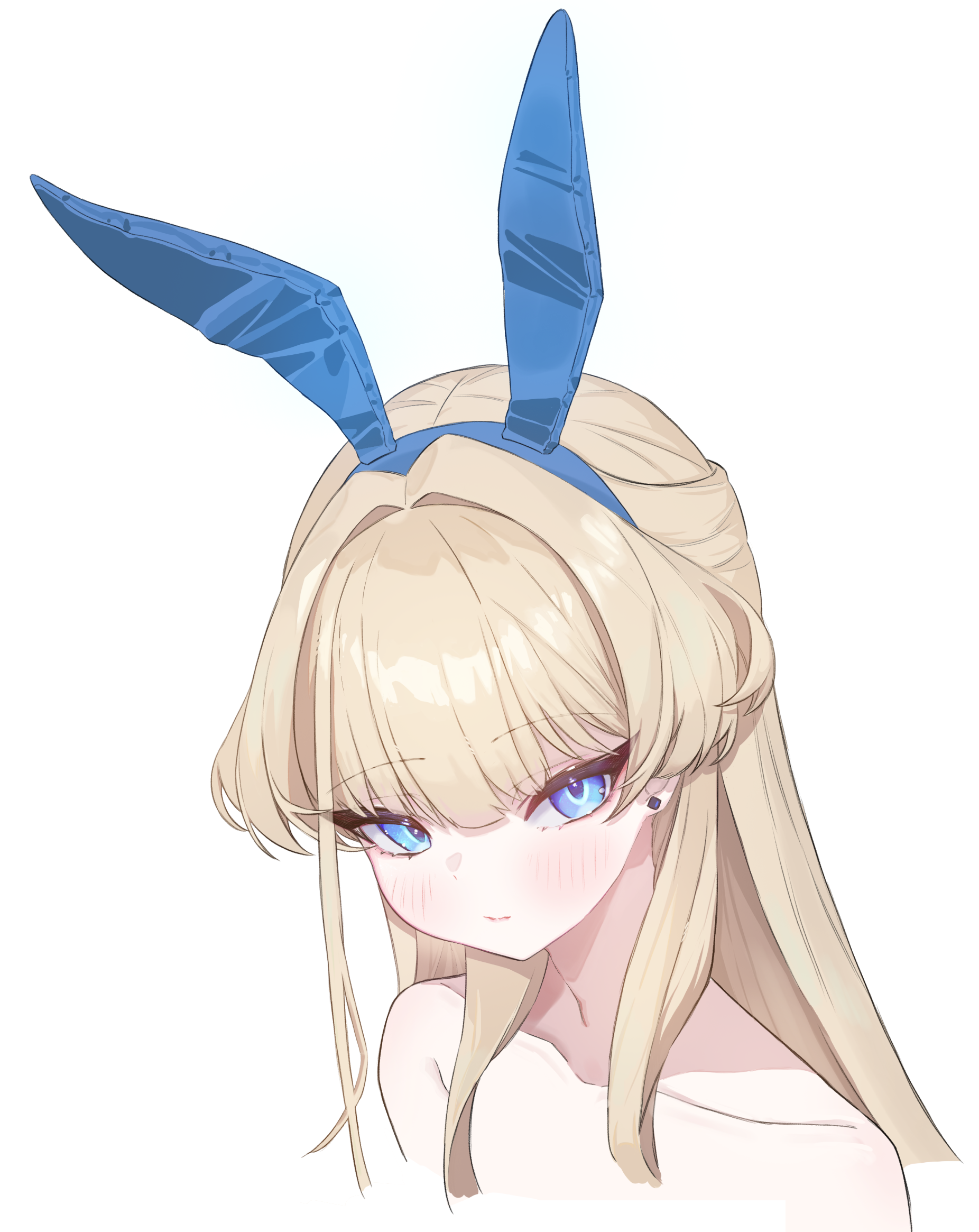 camomo nay, toki (blue archive), toki (bunny) (blue archive), blue archive, commentary, highres, 1girl, animal ears, blonde hair, blue eyes, blue hairband, blush, closed mouth, collarbone, cropped torso, earrings, fake animal ears, hair intakes, hairband, jewelry, long hair, looking at viewer, nude, rabbit ears, simple background, solo, stud earrings, upper body, white background