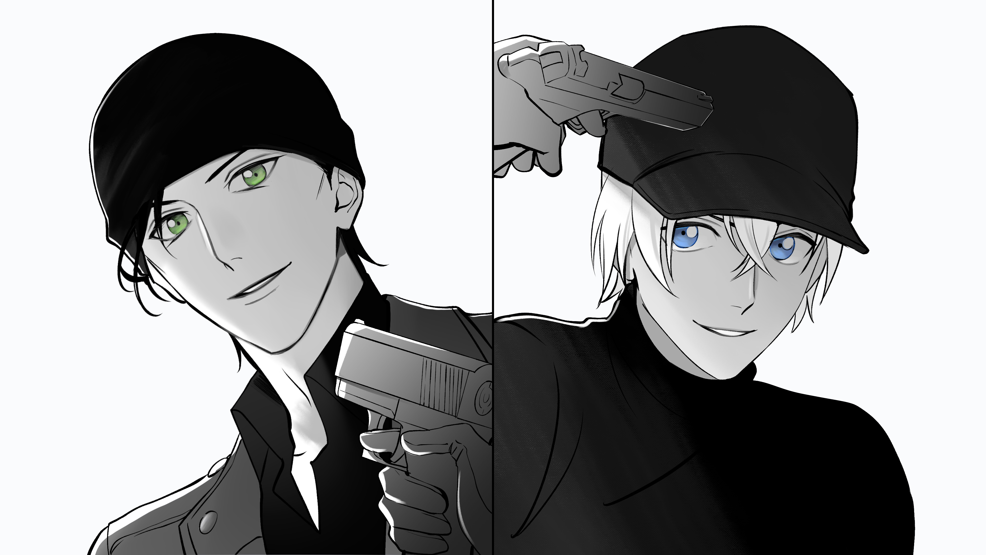 kotomine (a1569), akai shuuichi, amuro tooru, meitantei conan, absurdres, commentary request, highres, 2boys, baseball cap, beanie, blue eyes, crossed bangs, green eyes, greyscale, gun, gun to head, handgun, hat, holding, holding gun, holding weapon, jacket, male focus, monochrome, multiple boys, parted lips, shirt, short hair, split screen, spot color, weapon, white background
