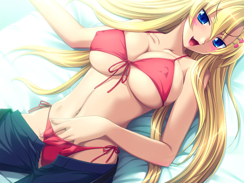 rapapuru, tajima yoshikazu, nora freeman misora, anetea!?, non-web source, 1girl, bikini, blonde hair, blue eyes, blush, breasts, cleavage, covered erect nipples, fang, female focus, fingernails, hand under clothes, hand under swimsuit, heart, large breasts, lips, lipstick, long hair, makeup, navel, open mouth, pants, red bikini, solo, swimsuit