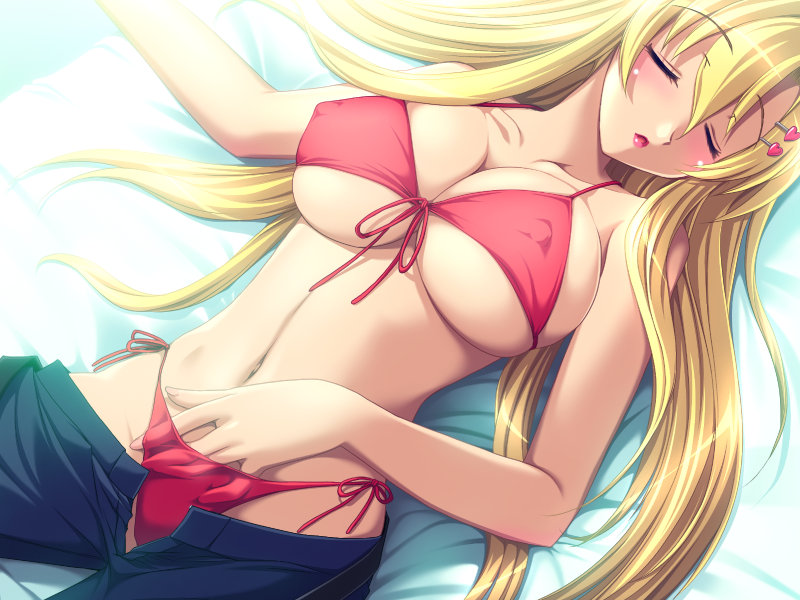 rapapuru, tajima yoshikazu, nora freeman misora, anetea!?, game cg, 1girl, bed, bikini, blonde hair, blush, breasts, cleavage, closed eyes, clothes pull, covered erect nipples, female focus, female masturbation, fingernails, hand in panties, hand under clothes, hand under swimsuit, large breasts, lips, lipstick, long hair, makeup, masturbation, navel, panties, pants, pants pull, red bikini, side-tie bikini bottom, sleeping, solo, swimsuit, underwear