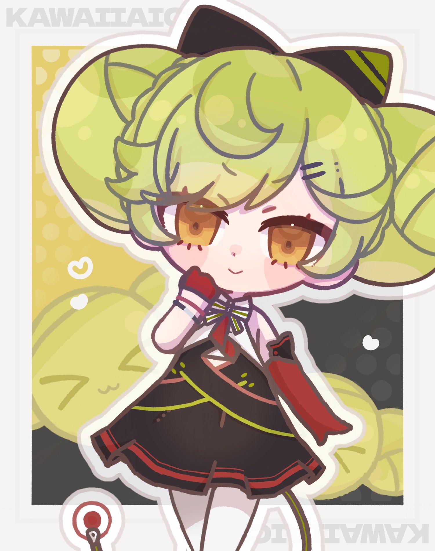 weizhi (micimicimicimic), ai-chan (honkai impact), honkai (series), honkai impact 3rd, commentary request, highres, 1girl, :>, black bow, black dress, bow, braid, brown eyes, chibi, double bun, dress, elbow gloves, gloves, green hair, hair bow, hair bun, half gloves, heart, outline, red gloves, single elbow glove, single half glove, solo, white outline