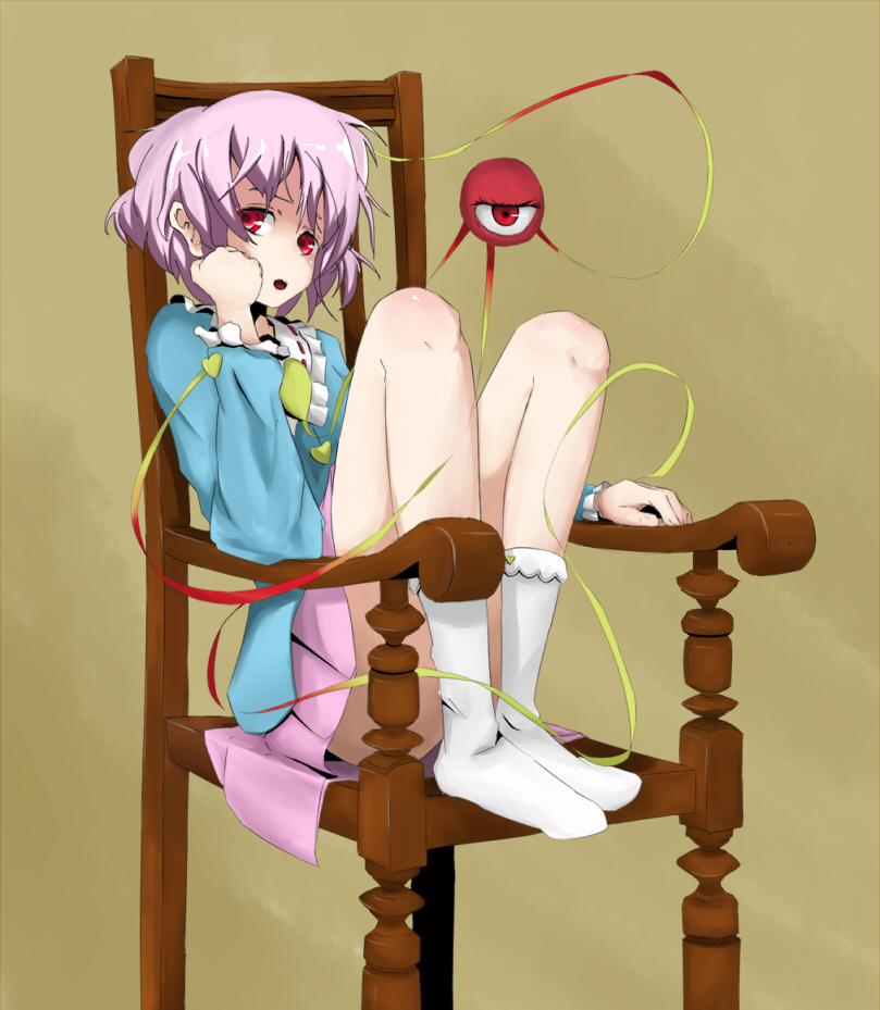 kumanoi (nichols), komeiji satori, touhou, bad id, bad pixiv id, 1girl, :o, chair, female focus, head rest, heart, pink hair, red eyes, ribbon, simple background, socks, solo