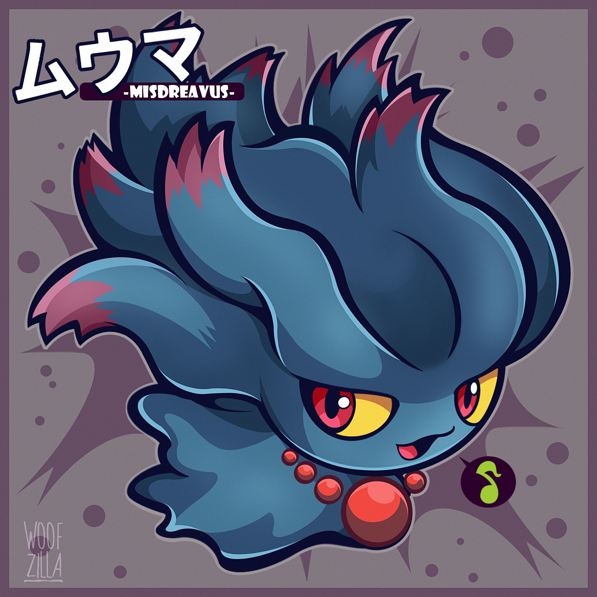 woofzilla, misdreavus, nintendo, pokemon, commentary, english commentary, highres, translation request, border, character name, colored sclera, full body, gen 2 pokemon, looking at viewer, musical note, no humans, pokemon (creature), purple border, signature, simple background, solo, speech bubble, spoken musical note, yellow sclera