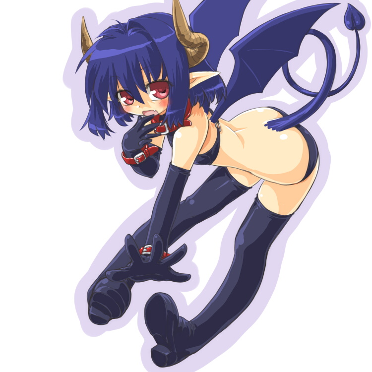 dd (ijigendd), bad id, bad pixiv id, blue hair, blush, collar, demon girl, elbow gloves, gloves, horns, panties, red eyes, short hair, solo, tail, thighhighs, underwear, wings