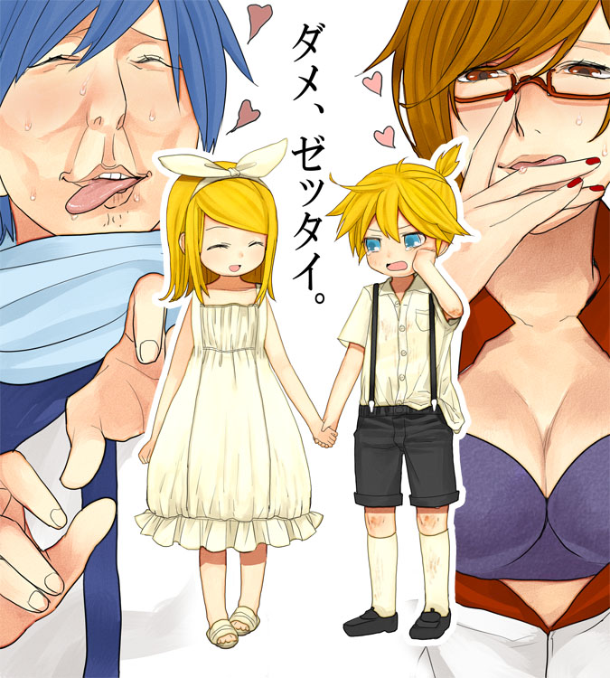 suko mugi, kagamine len, kagamine rin, kaito (vocaloid), meiko (vocaloid), vocaloid, translation request, 2boys, 2girls, ^ ^, aged down, bespectacled, blonde hair, blush, bra, breasts, child, cleavage, closed eyes, glasses, holding hands, licking, lingerie, multiple boys, multiple girls, pedophile, smile, tongue, underwear, you gonna get raped