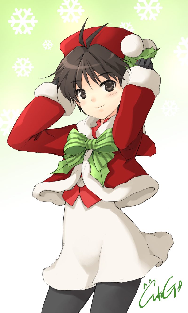 cuteg, kikuchi makoto, idolmaster, idolmaster (classic), bad id, bad pixiv id, highres, 00s, 1girl, antenna hair, blush, brown eyes, brown hair, female focus, hat, pantyhose, santa costume, short hair, smile, solo