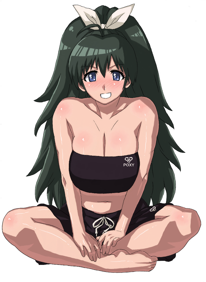 hisakawa riho, ganaha hibiki, idolmaster, idolmaster (classic), idolmaster 1, bad id, bad pixiv id, 00s, 1girl, bandeau, barefoot, blue eyes, blush, breasts, curvy, feet, female focus, green hair, huge breasts, long hair, navel, solo, strapless, tube top, very long hair