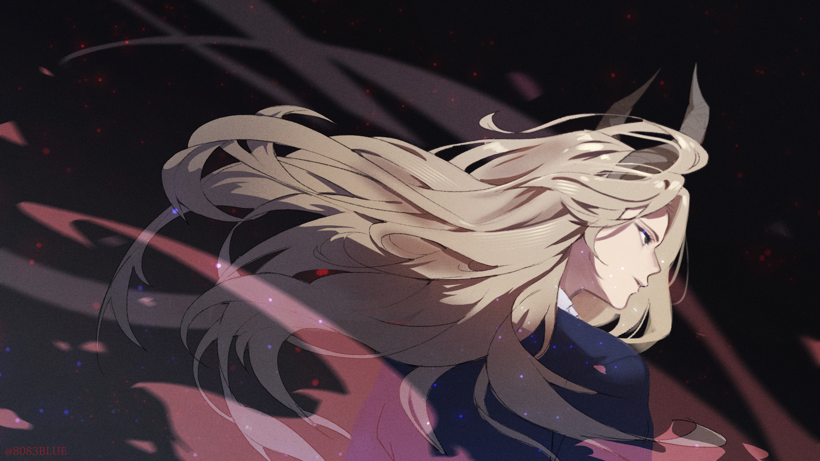 8083 blue, lugner (sousou no frieren), sousou no frieren, commentary request, highres, 1boy, black background, black eyes, black jacket, blue eyes, brown hair, from side, horns, jacket, long hair, looking ahead, magic, male focus, parted lips, signature, simple background, solo, very long hair, wind
