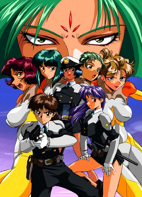 tagme, backguiner, blue hair, bodysuit, brown hair, green hair, gun, long hair, police, purple hair, red hair, weapon