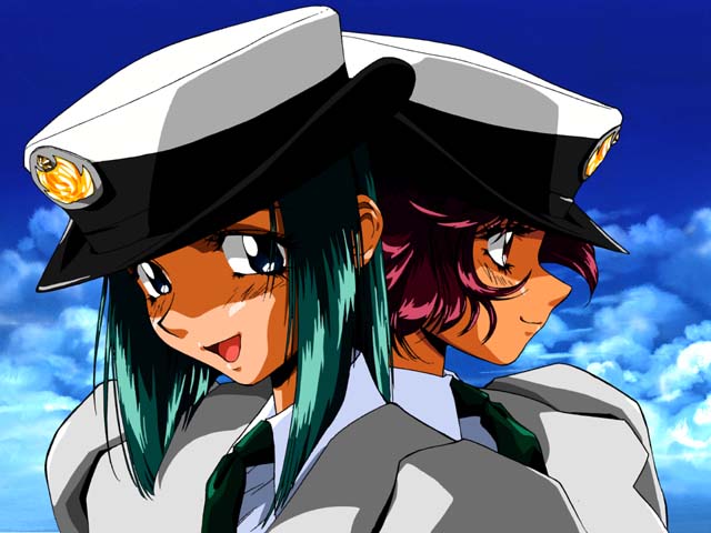 tagme, backguiner, green hair, police, red hair