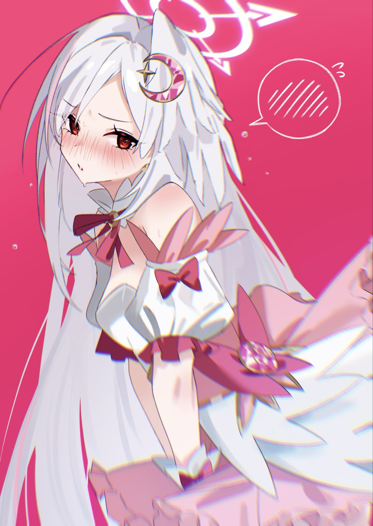 takamalu08 12, suzumi (blue archive), suzumi (magical) (blue archive), blue archive, highres, 1girl, blush, embarrassed, head wings, official alternate costume, pink background, simple background, single hair intake, single head wing, single wing, solo, speech bubble, white hair, wing ornament, wings