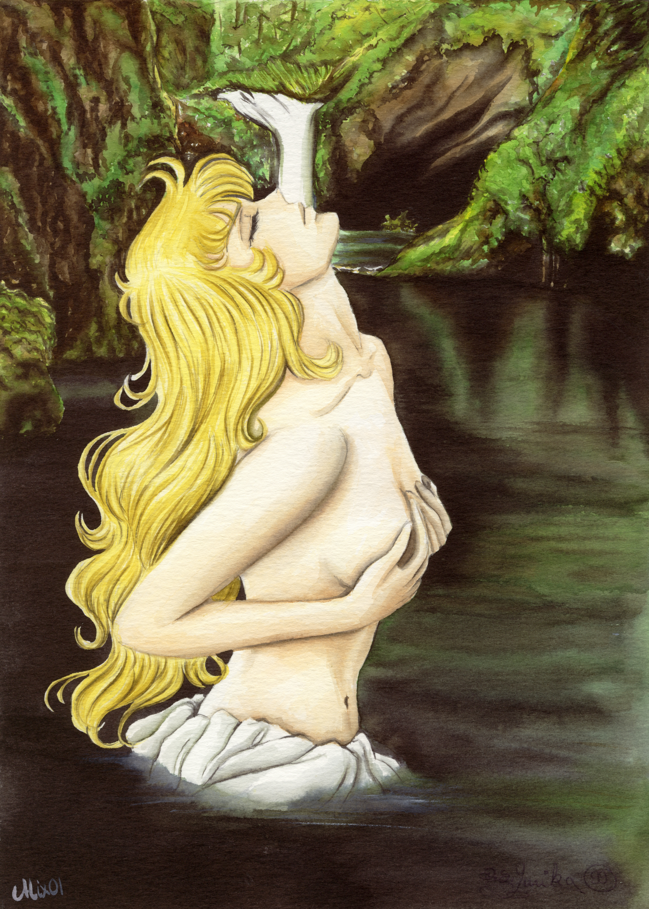 oscar francois de jarjayes, versailles no bara, torso, absurdres, artist request, highres, 1970s (style), 1girl, artist name, bathing, blonde hair, breasts, closed eyes, female focus, grabbing another's breast, grabbing own breast, groping, long hair, nature, oldschool, outdoors, retro artstyle, solo, swimming, topfreedom, topless female, water, waterfall, wet