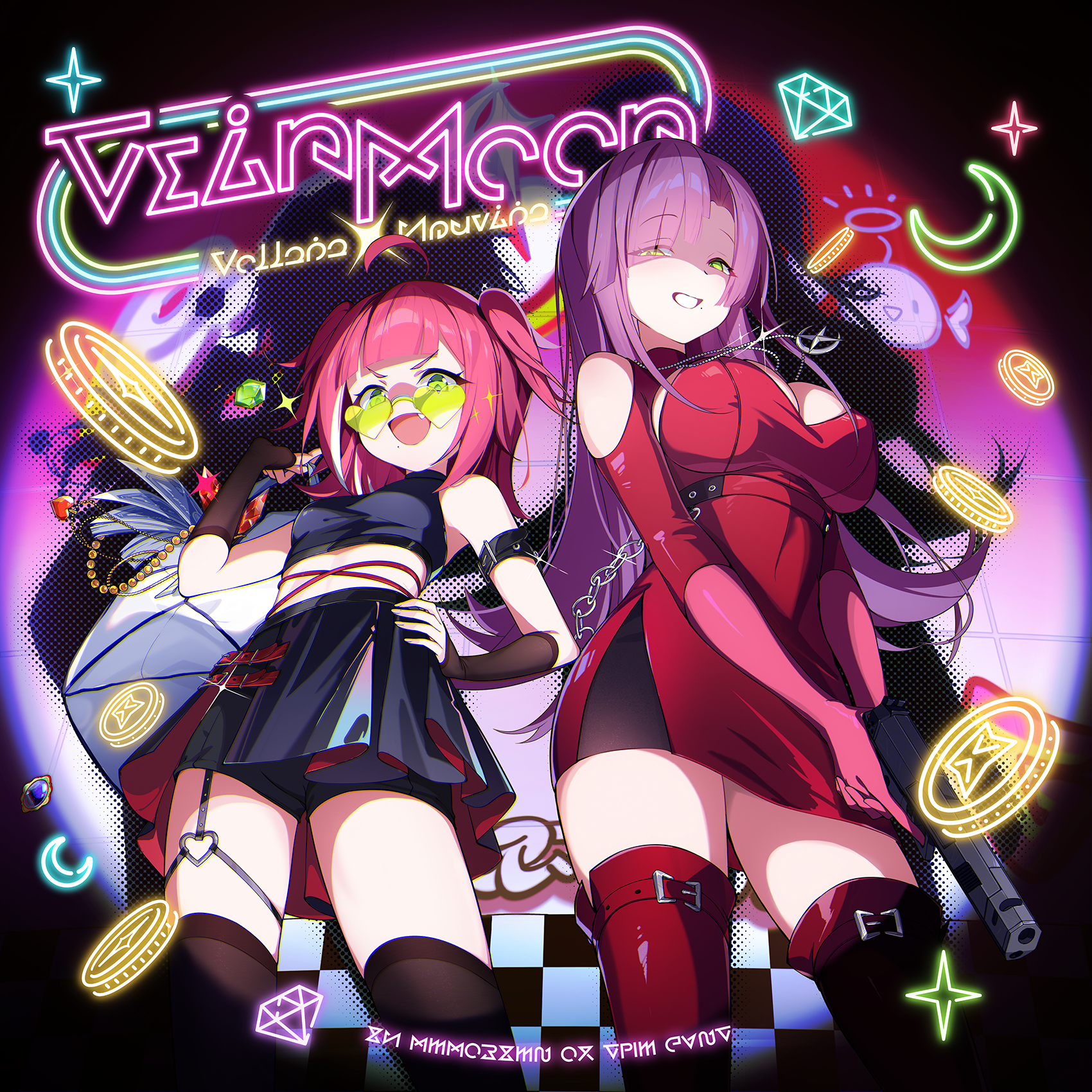 vollara (stella sora), stella sora, game cg, highres, non-web source, official art, 2girls, album cover, black gloves, black shirt, black shoes, black thighhighs, breasts, cleavage, cover, covered erect nipples, dress, evil grin, evil smile, fang, fingerless gloves, gloves, green-tinted eyewear, green eyes, grin, gun, half-closed eyes, hand on own hip, handgun, heart, heart-shaped eyewear, heart o-ring, holding, holding gun, holding weapon, large breasts, long hair, looking at viewer, medium hair, midriff, miniskirt, mole, mole under mouth, multiple girls, neon lights, neon sign, neuvira (stella sora), o-ring, official alternate costume, overskirt, purple hair, red dress, red hair, red shrug, red thighhighs, shirt, shoes, short dress, shrug (clothing), siblings, sisters, skirt, small breasts, smile, spotlight, sunglasses, thighhighs, tinted eyewear, two-sided fabric, two-sided skirt, two side up, v-shaped eyebrows, very long hair, weapon
