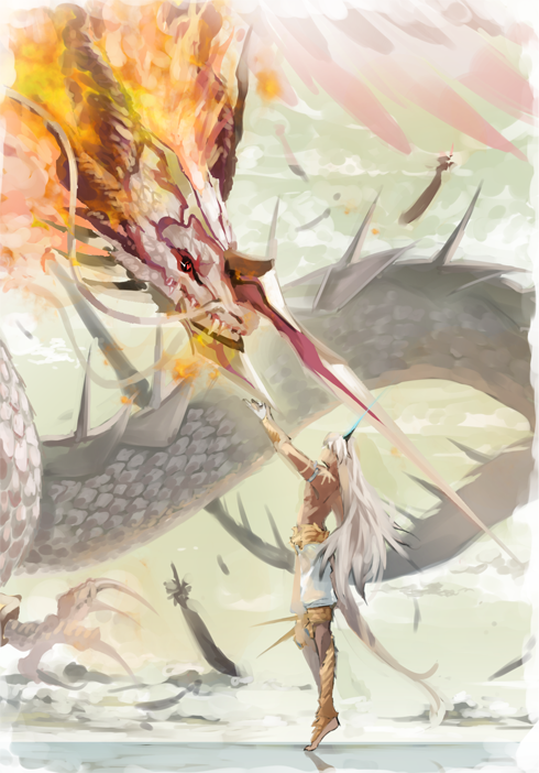 m-tobiei, arjuna (fate), arjuna alter (fate), arjuna alter (first ascension) (fate), fate/grand order, fate (series), commentary, 1boy, armlet, armor, arms up, barefoot, black feathers, blue horns, body markings, dark-skinned male, dark skin, falling feathers, feathers, from side, gloves, gold armor, gold trim, horns, jewelry, leg armor, long hair, looking at creature, male focus, monster, outdoors, outstretched arms, profile, shorts, solo, standing, tail, tiptoes, topless male, vambraces, white gloves, white hair, white shorts