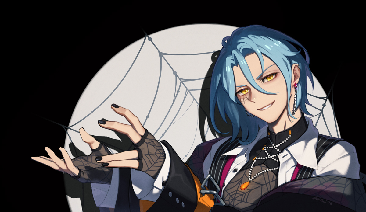 8083 blue, himeru (ensemble stars!), ensemble stars!, commentary, 1boy, black background, black nails, blue hair, earrings, fingerless gloves, gloves, hair between eyes, jewelry, looking at viewer, male focus, necklace, parted lips, shirt, short hair, silk, solo, spider web, spider web print, spotlight, upper body, white shirt, yellow eyes
