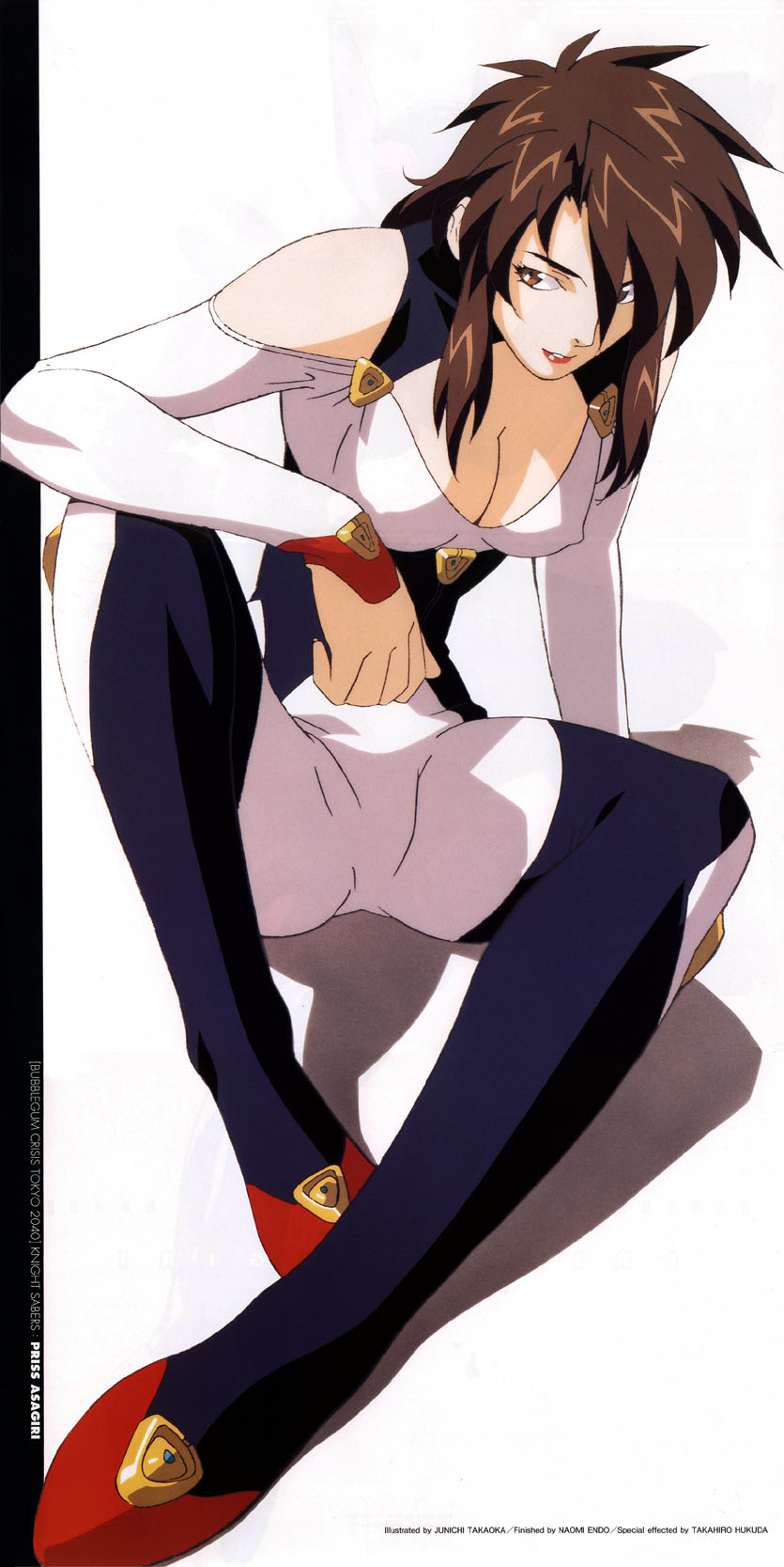 priscilla asagiri, bubblegum crisis 2040, highres, 1990s (style), 1girl, bodysuit, breasts, brown eyes, brown hair, cleavage, covered erect nipples, facing viewer, retro artstyle, sitting