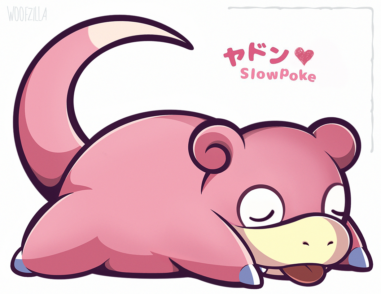 woofzilla, slowpoke, nintendo, pokemon, commentary, english commentary, translation request, character name, fangs, full body, gen 1 pokemon, lying, no humans, nostrils, on stomach, pokemon (creature), rest (pokemon), signature, simple background, sleeping, solo, tongue, tongue out, white background