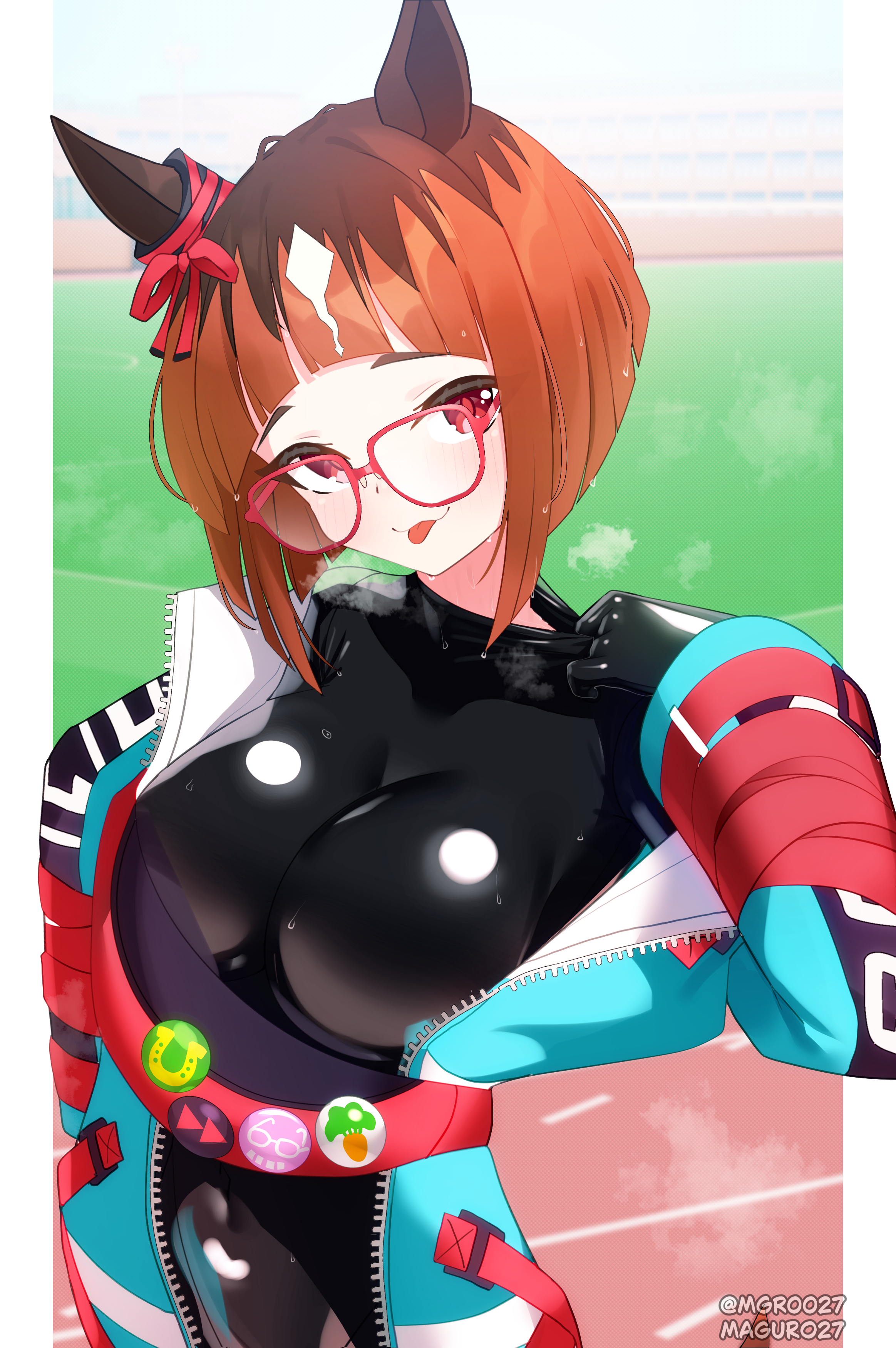 maguro27, transcend (umamusume), umamusume, absurdres, commentary, commission, highres, mixed-language commentary, pixiv commission, 1girl, animal ears, arched bangs, black bodysuit, blue jacket, blunt bangs, blunt ends, blush, bodysuit, breasts, closed mouth, covered navel, glasses, horse ears, horse girl, impossible bodysuit, impossible clothes, jacket, large breasts, latex, latex bodysuit, open clothes, open jacket, orange hair, red-framed eyewear, red eyes, short hair, smile, solo, steaming body, sweat, tongue, tongue out