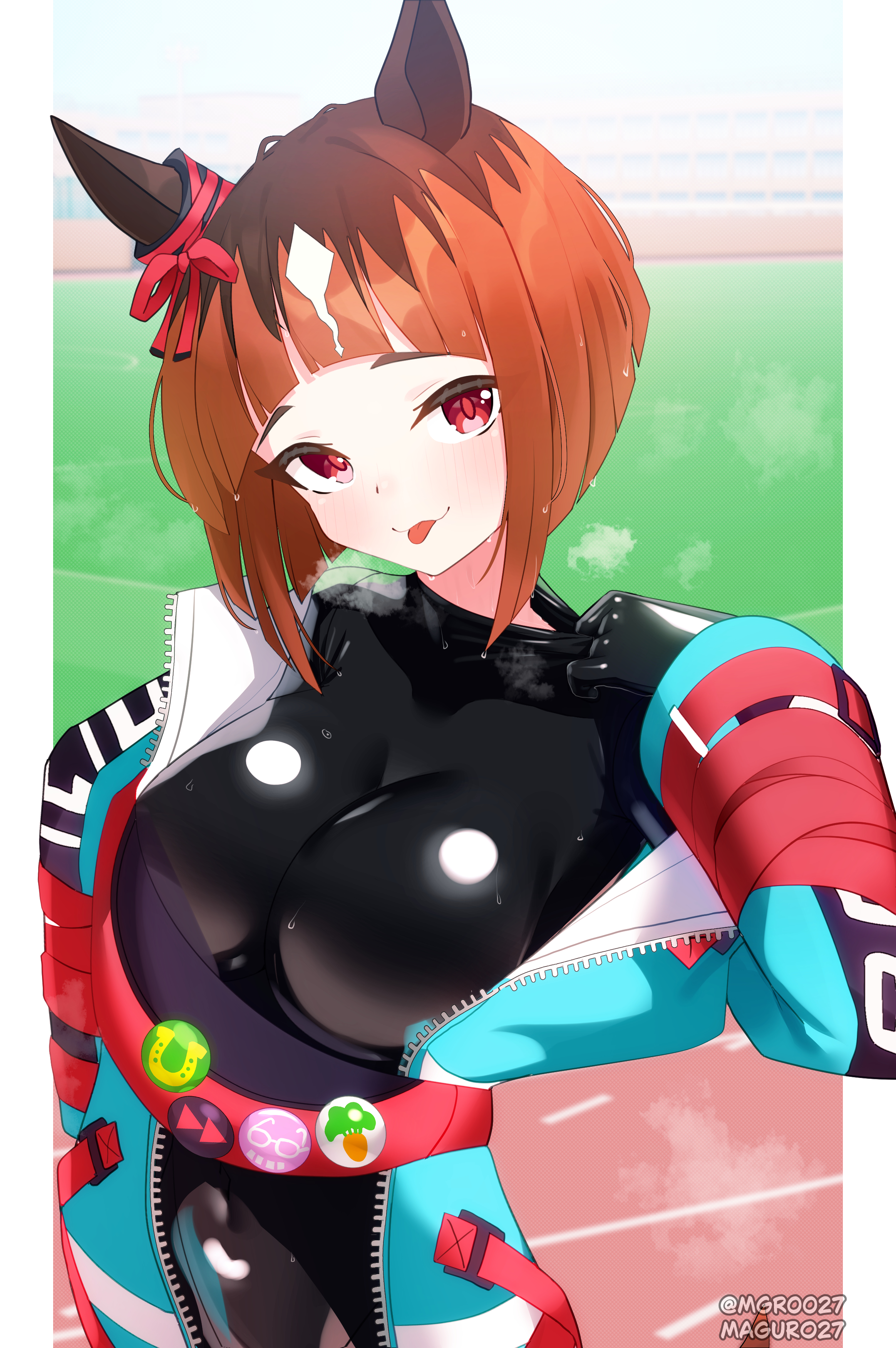 maguro27, transcend (umamusume), umamusume, absurdres, commentary, commission, highres, mixed-language commentary, pixiv commission, 1girl, animal ears, arched bangs, black bodysuit, blue jacket, blunt bangs, blunt ends, blush, bodysuit, breasts, closed mouth, covered navel, horse ears, horse girl, impossible bodysuit, impossible clothes, jacket, large breasts, latex, latex bodysuit, open clothes, open jacket, orange hair, red eyes, short hair, smile, solo, steaming body, sweat, tongue, tongue out