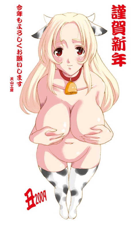 tenchuu maru, original, 00s, 1girl, 2009, animal ears, animal print, bell, blonde hair, breasts, covering breasts, covering privates, cow ears, cow girl, cow print, cowbell, female focus, horns, huge breasts, long hair, new year, nude, nude cover, red eyes, solo, thighhighs