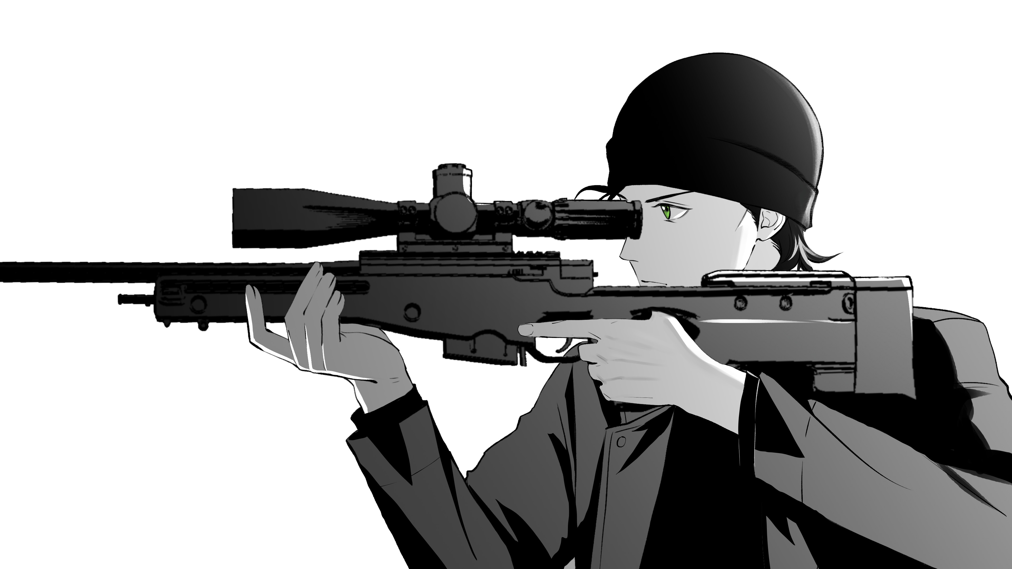 kotomine (a1569), akai shuuichi, meitantei conan, absurdres, commentary request, highres, 1boy, aiming, beanie, closed mouth, fingernails, greyscale, gun, hat, holding, holding gun, holding weapon, jacket, long sleeves, looking through scope, male focus, monochrome, rifle, short hair, sniper rifle, solo, spot color, trigger discipline, weapon, white background