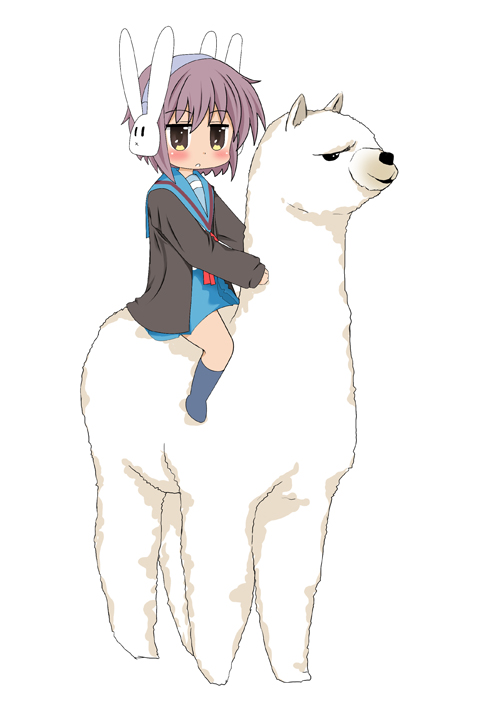 prinz luzifer, nagato yuki, suzumiya haruhi-chan no yuuutsu, suzumiya haruhi no yuuutsu, silver hair, bad id, bad pixiv id, 00s, 1girl, alpaca, blush, brown eyes, bunny headphones, cardigan, female focus, headphones, looking at viewer, riding, school uniform, serafuku, short hair, simple background, solo, white background