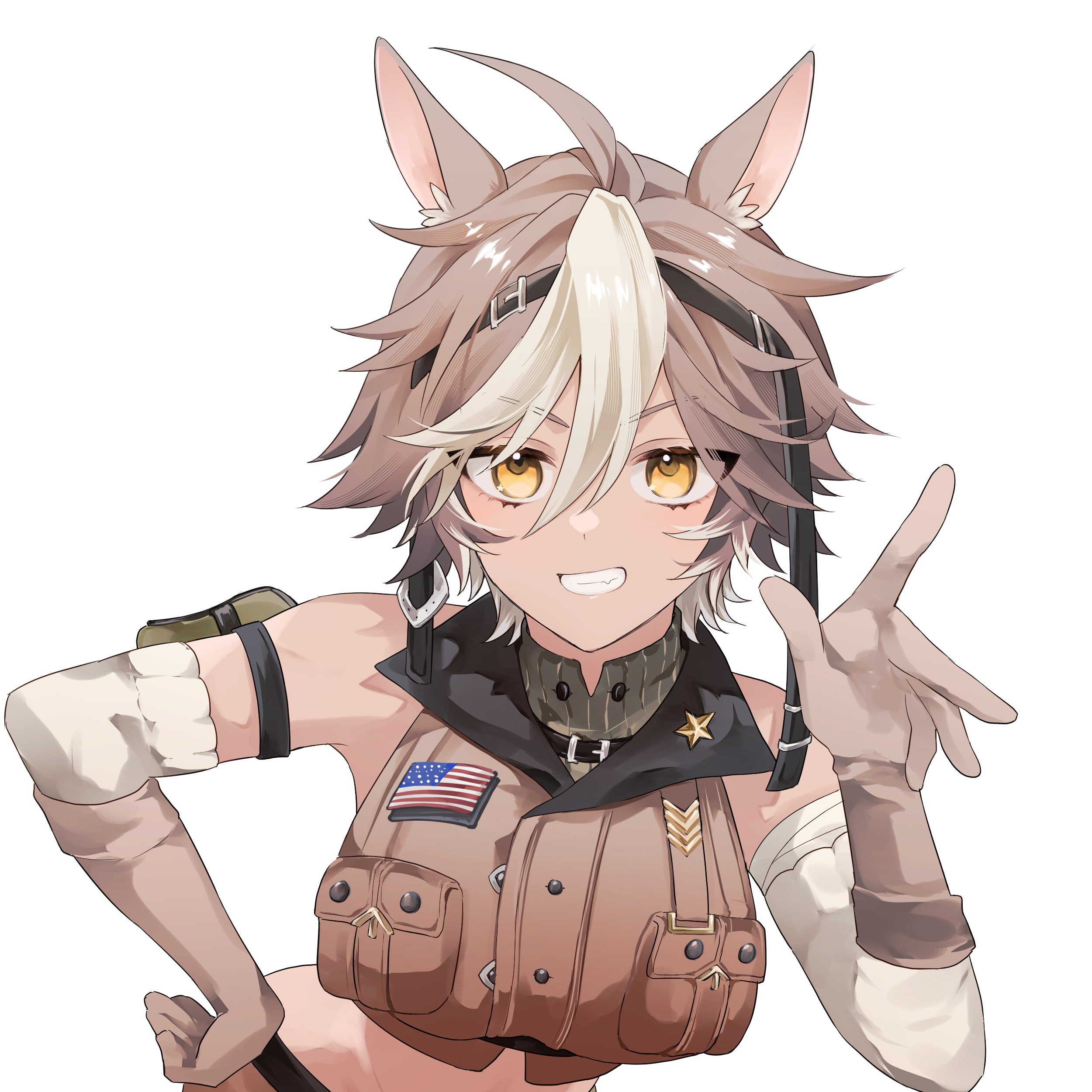 tomoe umari, indie virtual youtuber, absurdres, commission, highres, second-party source, skeb commission, 1girl, ahoge, american flag, animal ears, arm pouch, brown gloves, brown hair, chevron (symbol), colored tips, cropped shirt, detached sleeves, gloves, horse ears, horse girl, hozumi noxx, multicolored hair, shirt, sleeveless, sleeveless shirt, smile, solo, star (symbol), streaked hair, virtual youtuber, white background, white hair, white sleeves, yellow eyes