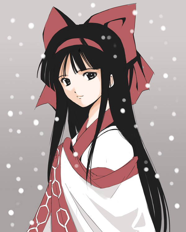 kurosarena, nakoruru, samurai spirits, 1girl, black hair, bow, coat, female focus, japanese clothes, long hair, overcoat, red bow, ribbon, smile, snow, solo