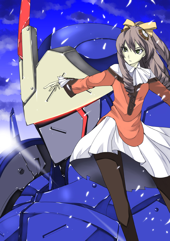 yosimura, maria balthasar, seibzehn, xeno (series), xenogears, bad id, bad pixiv id, 1girl, bow, drill hair, goggles, green eyes, long hair, mecha, pantyhose, ribbon, robot, skirt, yellow bow