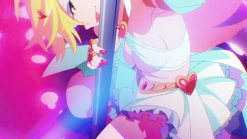 panty (psg), panty & stocking with garterbelt, animated, animated gif, anime screenshot, angel, angel girl, angel wings, armlet, blonde hair, breasts, bridal gauntlets, cleavage, earrings, jewelry, large breasts, long hair, looking at viewer, navel, pole, pole dancing, ring, skirt, stripper pole, tongue, tongue out, white skirt, wings