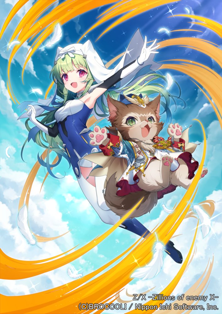 chatsubaki, z/x, official art, 1girl, animal ear headwear, armpits, blue leotard, blue sky, boots, cat, cloud, cloudy sky, copyright notice, fake animal ears, feathers, gloves, green eyes, green hair, leotard, long hair, pawpads, pink eyes, shitorii nina, sky, sparkle, thigh boots, veil, white feathers, white gloves