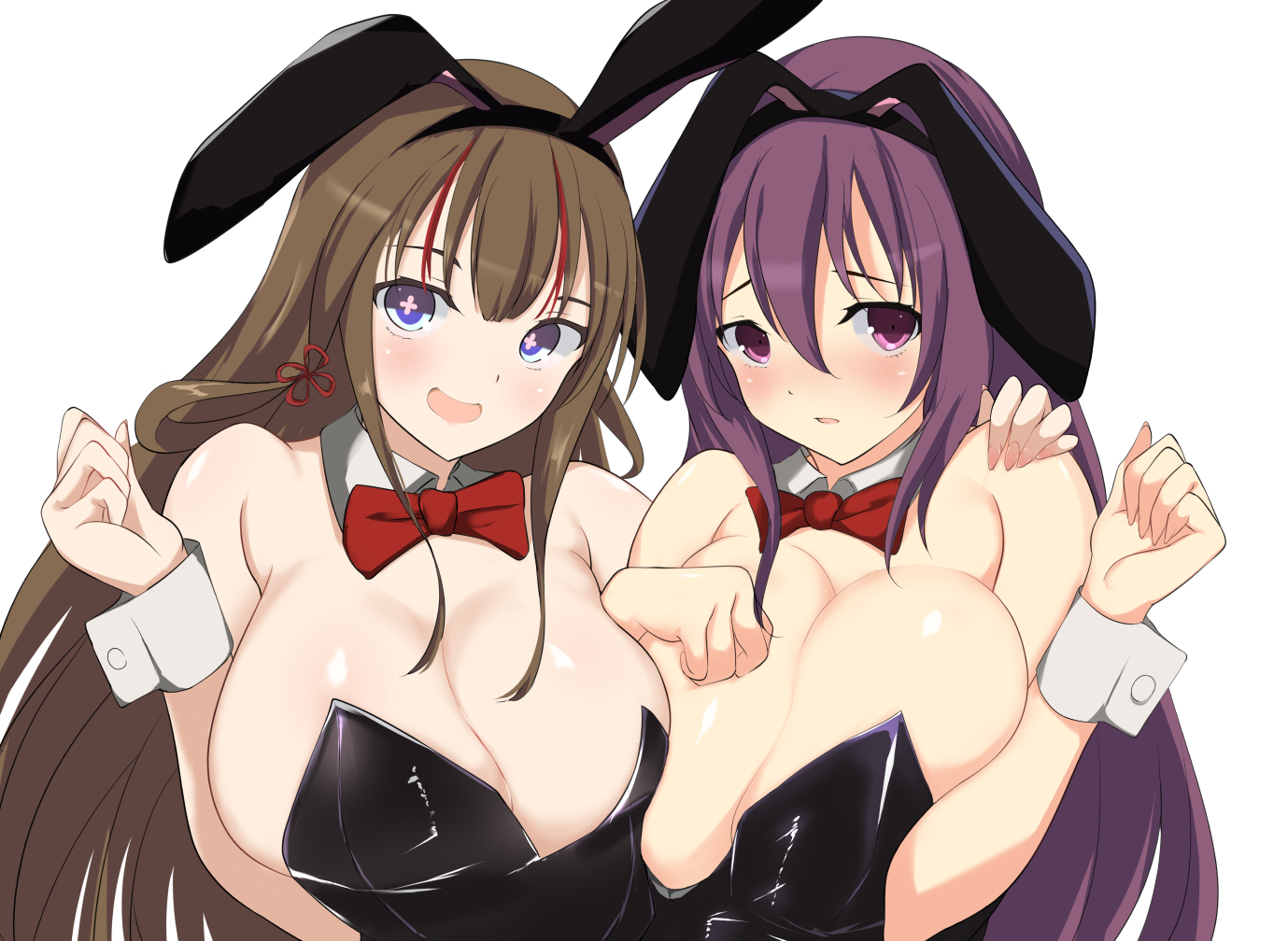 ashino255, murasaki (senran kagura), toki (senran kagura), senran kagura, senran kagura new link, senran kagura shinovi versus, + +, 2girls, alternate costume, bare shoulders, black leotard, blue eyes, blush, bow, bowtie, breasts, brown hair, celtic knot, cleavage, detached collar, hair rings, hand on another's shoulder, huge breasts, leotard, long hair, looking at viewer, multiple girls, open mouth, playboy bunny, purple eyes, purple hair, red bow, red bowtie, red streaks, simple background, very long hair, white background, wrist cuffs