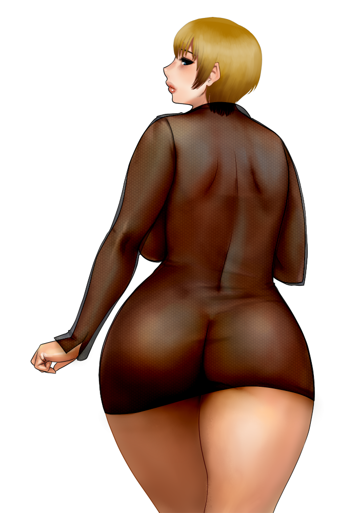 matoyama, 1girl, ass, blonde hair, blue eyes, breasts, brown hair, butt crack, curvy, female focus, from behind, hip focus, huge ass, huge breasts, lips, looking back, plump, see-through clothes, short hair, sideboob, solo, standing, thick thighs, thighs, wide hips