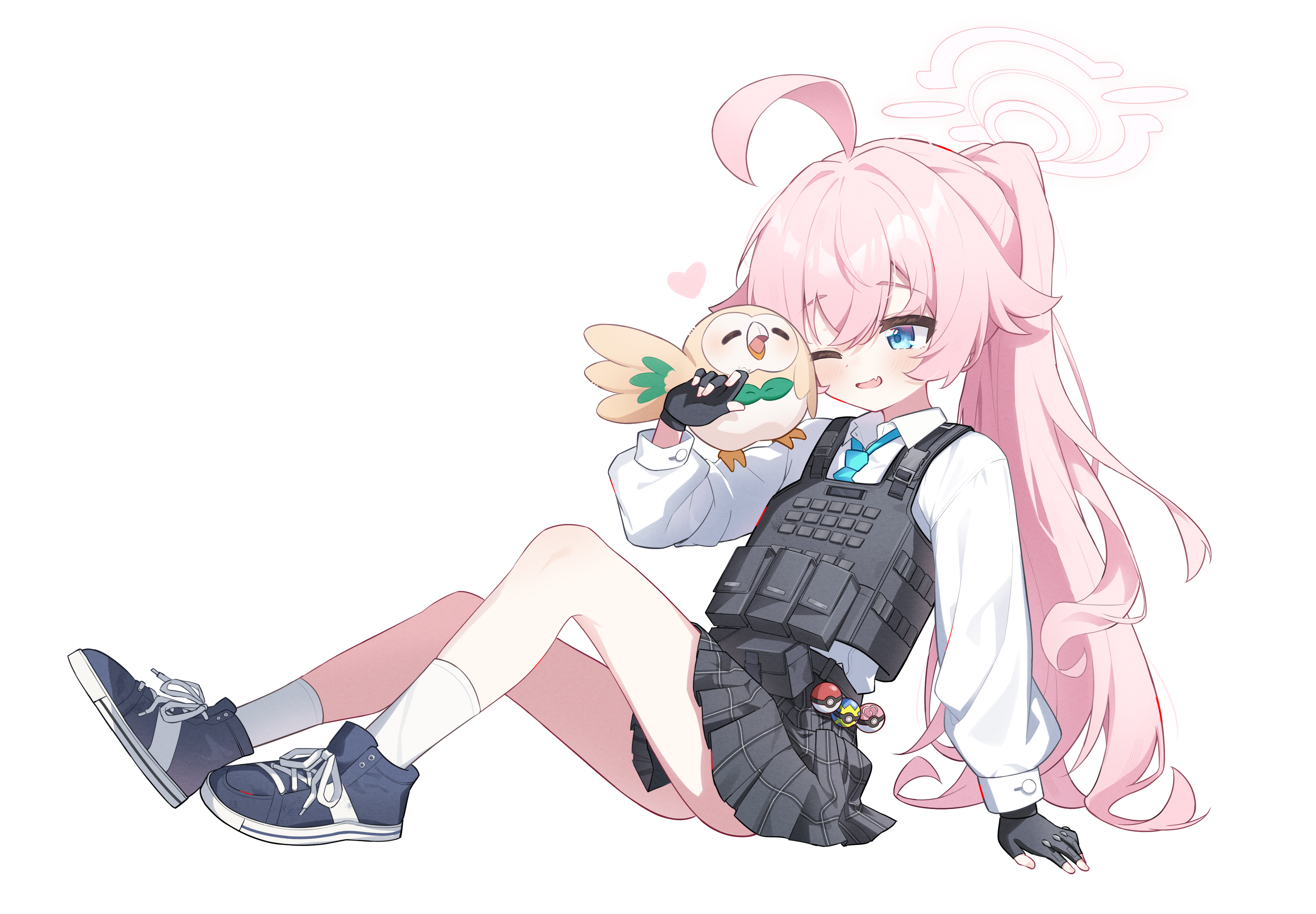 exusiai dust, hoshino (armed) (blue archive), hoshino (blue archive), rowlet, blue archive, nintendo, pokemon, absurdres, commentary request, highres, 1girl, ahoge, bare legs, black gloves, black skirt, blue shoes, bulletproof vest, fingerless gloves, gen 7 pokemon, gloves, halo, legs, long hair, miniskirt, one eye closed, pink hair, plaid clothes, plaid skirt, pleated skirt, poke ball, pokemon (creature), ponytail, school uniform, shirt, shoes, simple background, sitting, skirt, tactical school uniform, thighs, white background, white halo, white shirt