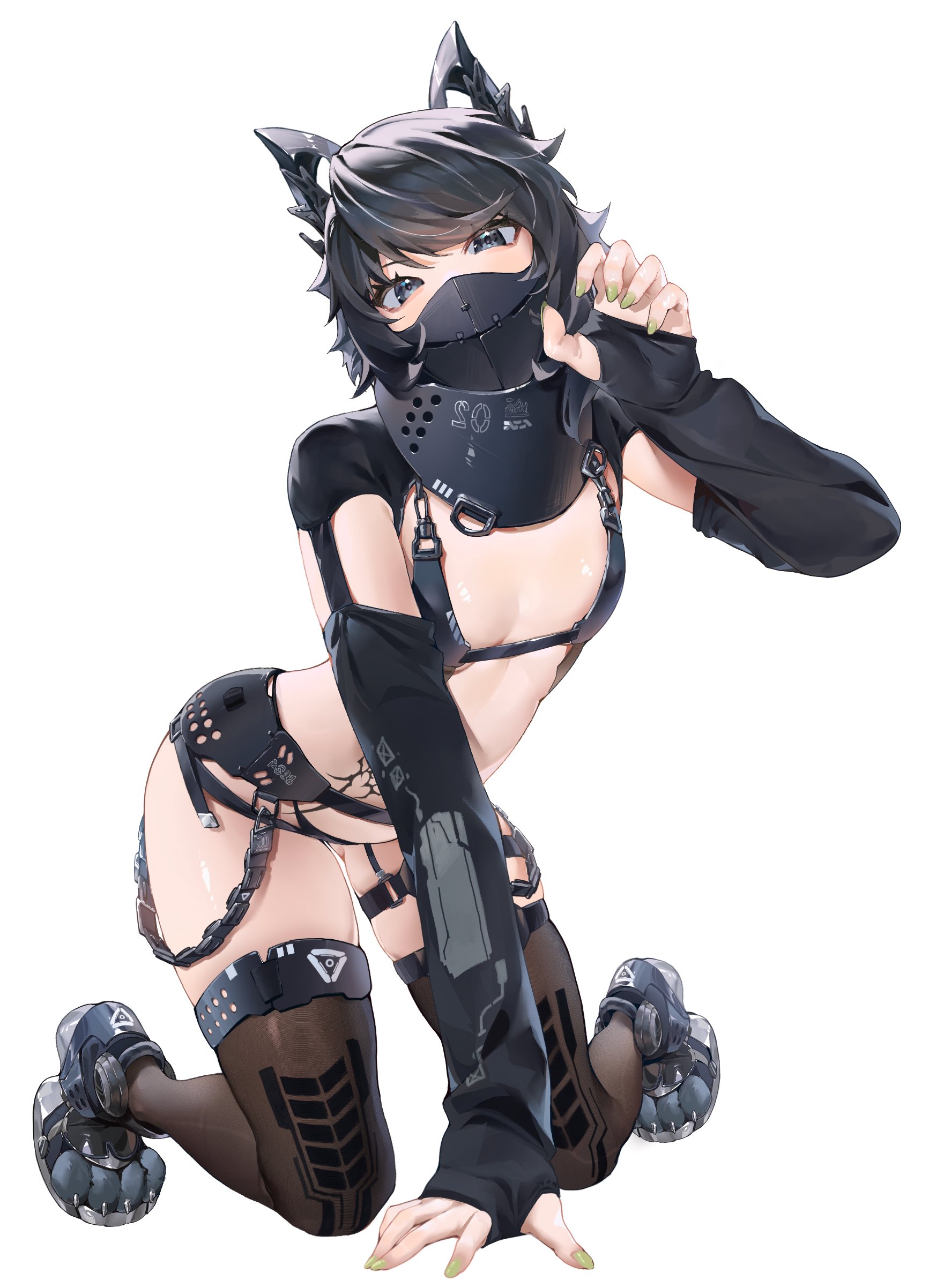 yoshiii, original, absurdres, commission, highres, 1girl, animal ear headwear, animal shoes, bikini, black bikini, black eyes, black hair, black mask, black sleeves, fake animal ears, flat chest, green nails, mask, mouth mask, revealing clothes, solo, stomach tattoo, swimsuit, tattoo, thighhighs, white background