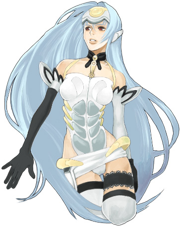 chobihige, kos-mos, kos-mos ver. 1, xenosaga, xenosaga episode i, bad id, bad pixiv id, lowres, 00s, 1girl, android, blue hair, cowboy shot, cropped legs, elbow gloves, female focus, gloves, long hair, red eyes, solo, thigh strap, thighhighs