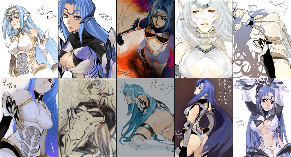 chobihige, kos-mos, kos-mos ver. 3, kos-mos ver. 4, xenosaga, xenosaga episode i, xenosaga episode ii, xenosaga episode iii, bad id, bad pixiv id, 00s, android, ass, blue hair, collage, comparison, elbow gloves, gloves, long hair, red eyes