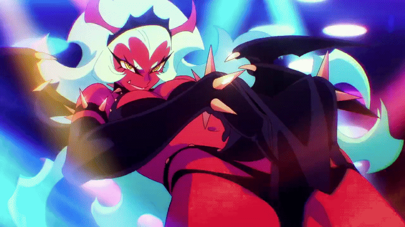 scanty (psg), panty & stocking with garterbelt, animated, animated gif, anime screenshot, armlet, black boots, black gloves, black panties, black tiara, black wings, boots, bra, breasts, colored skin, demon, demon girl, demon horns, demon wings, elbow gloves, gloves, grabbing own breast, green hair, horns, jewelry, large breasts, loincloth, long hair, looking at viewer, midriff, multiple wings, navel, panties, panty pull, red skin, smile, spiked armlet, spiked boots, spiked loincloth, spread legs, tiara, underwear, very long hair, wings