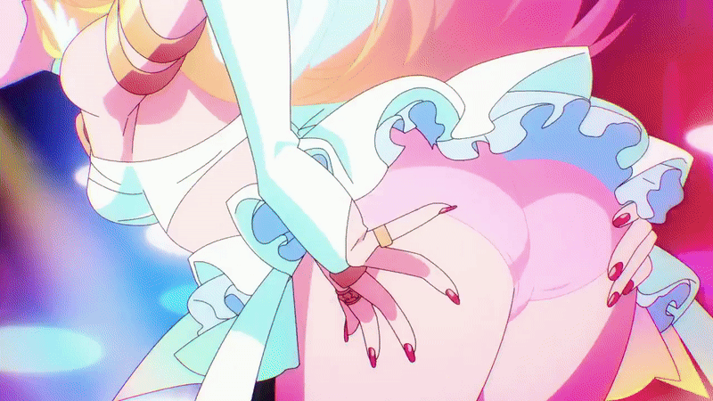 panty (psg), panty & stocking with garterbelt, animated, animated gif, anime screenshot, angel, angel girl, angel wings, armlet, ass, blonde hair, breasts, bridal gauntlets, grin, huge ass, jewelry, large breasts, long hair, looking at viewer, miniskirt, panties, panty pull, pink panties, ring, skirt, smile, underwear, white skirt, wings