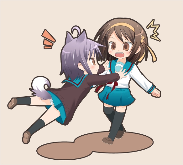 amamiya minato, amamiya mizuoto, nagato yuki, suzumiya haruhi, suzumiya haruhi no yuuutsu, bad id, bad pixiv id, 00s, 2girls, ^^^, ahoge, animal ears, cardigan, chibi, dog ears, jumping, multiple girls, panties, purple hair, school uniform, serafuku, short hair, surprised, tail, thighhighs, underwear