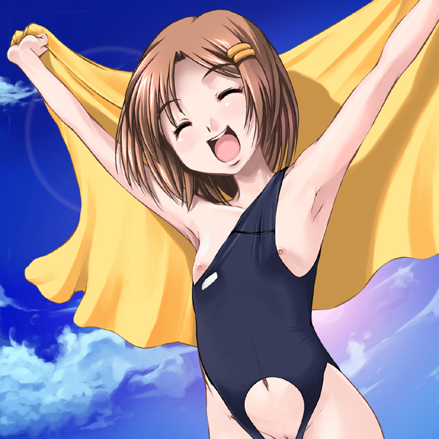 onija tarou, original, non-web source, 1girl, armpits, arms up, breasts, brown hair, closed eyes, cloud, day, female focus, flat chest, loli, nipples, one-piece swimsuit, open mouth, pussy, pussy peek, round teeth, short hair, sky, smile, solo, swimsuit, teeth, towel, upside-down, wardrobe error, wardrobe malfunction