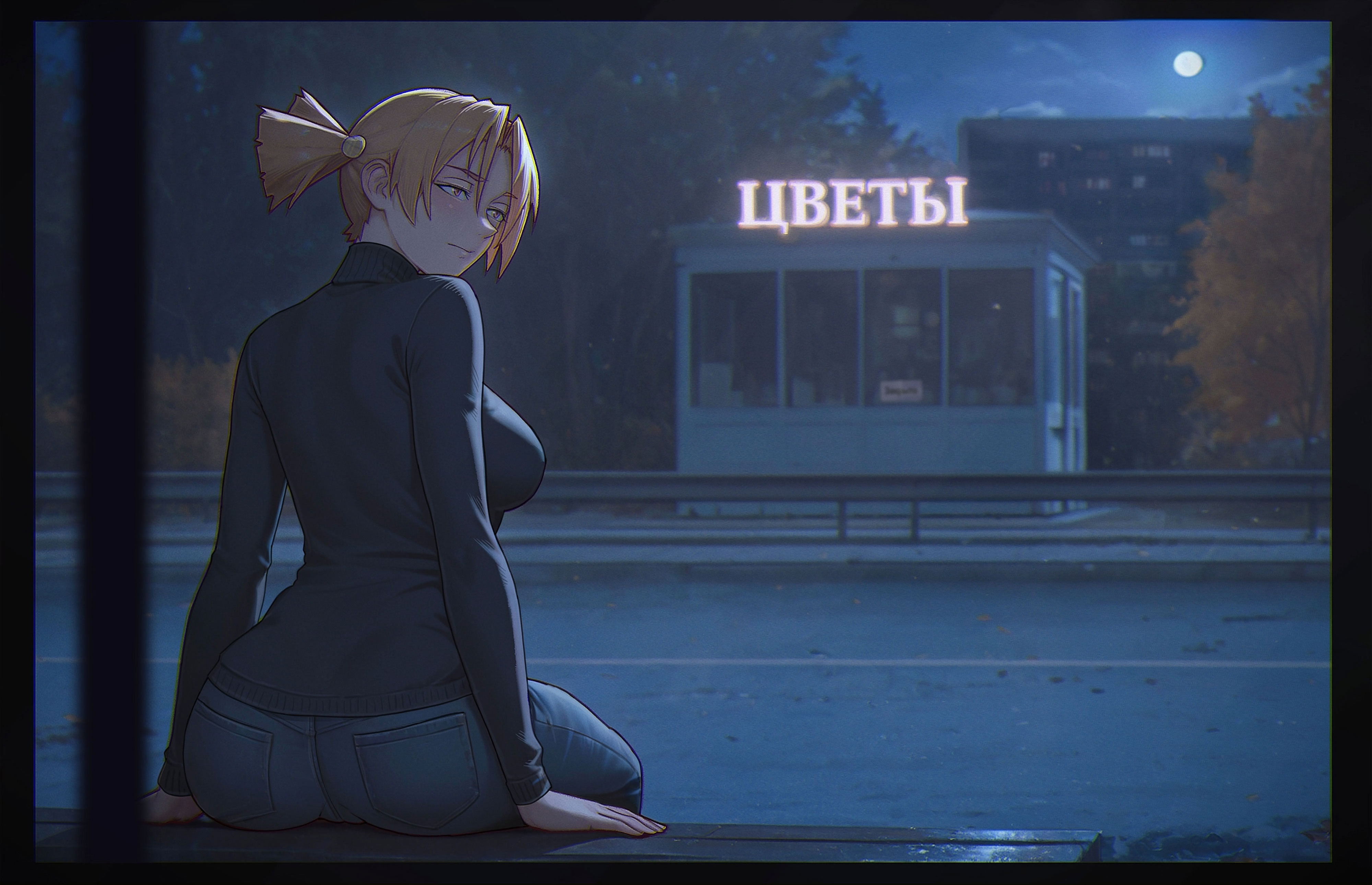 leonzo, dvach-tan, 2ch.ru, absurdres, highres, 1girl, bench, black border, black shirt, blue pants, border, breasts, bus stop, closed mouth, denim, full moon, guard rail, jeans, large breasts, long sleeves, moon, night, night sky, on bench, orange eyes, orange hair, outdoors, pants, pocket, shirt, short hair, sitting, sky, solo, twintails