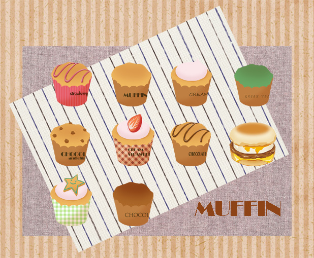 original, commentary request, cheese, chocolate chip, chocolate chip muffin, chocolate muffin, cream muffin, english text, food, food focus, fried egg, fruit, green tea (flavor), green tea muffin, huu cocoray, muffin, muffin sandwich, no humans, sliced cheese, star-shaped food, star (symbol), strawberry, strawberry muffin, strawberry slice, striped background, sweets