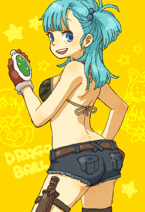 yukke, bulma, dragon ball, 1girl, ass, belt, bikini, bikini top only, blue eyes, blue hair, blush, denim, denim shorts, female focus, gloves, hair bobbles, hair ornament, knife, long hair, looking back, matching hair/eyes, short shorts, shorts, side ponytail, solo, swimsuit, thigh strap
