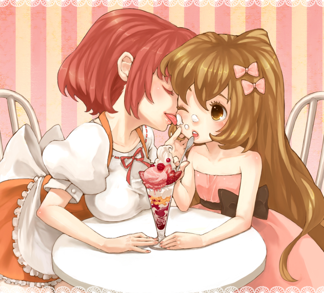 kumatani, aisaka taiga, kushieda minori, anna miller, toradora!, bad id, bad pixiv id, 00s, 2girls, blush, breasts, brown hair, cream, flat chest, food, large breasts, licking, long hair, multiple girls, orange skirt, parfait, red hair, short hair, skirt, tongue, waitress, yuri