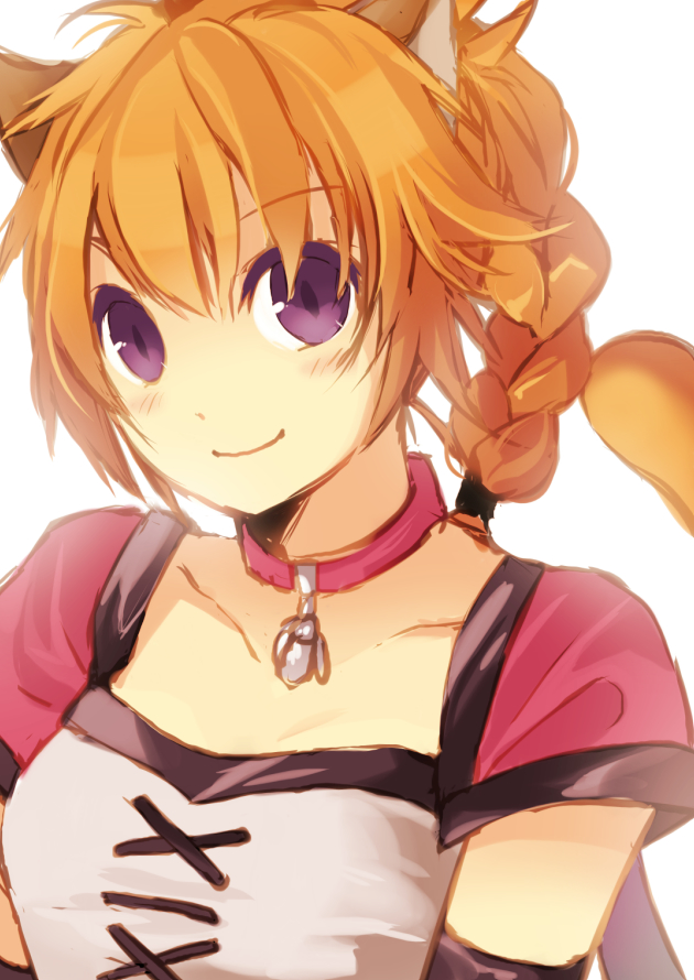lyre (fire emblem), fire emblem, fire emblem: radiant dawn, nintendo, animal ears, blonde hair, braid, choker, laguz (race), purple eyes, purple hair, simple background, smile, solo, tail, white background