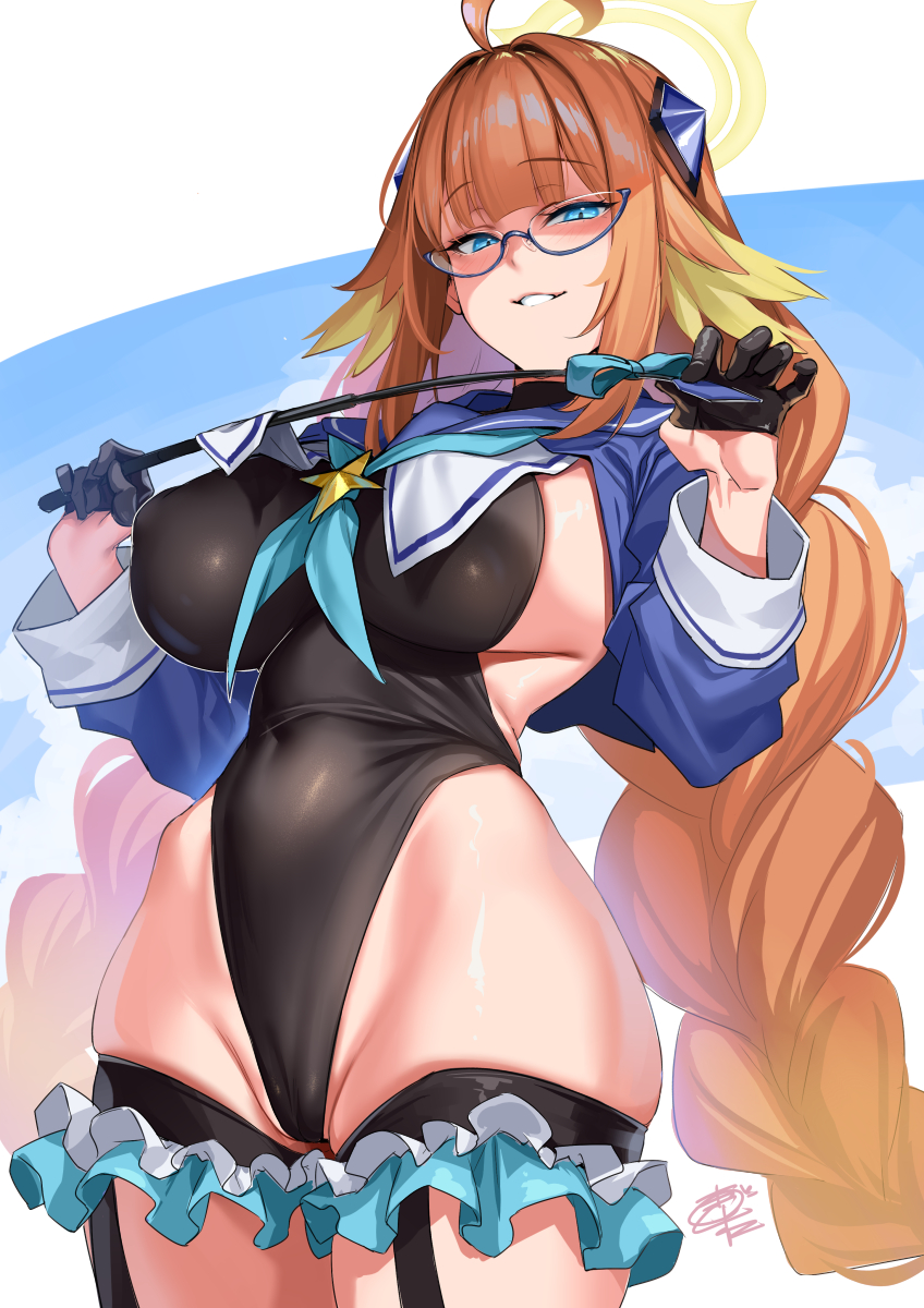 okitakung, shimiko (blue archive), shimiko (magical) (blue archive), blue archive, commentary, highres, symbol-only commentary, 1girl, ahoge, black gloves, black leotard, blue eyes, blue shrug, blush, braid, breasts, cameltoe, covered navel, feather hair, gloves, grin, half gloves, halo, highleg, highleg leotard, large breasts, leotard, long hair, long sleeves, looking at viewer, low twin braids, orange hair, riding crop, shrug (clothing), smile, solo, twin braids