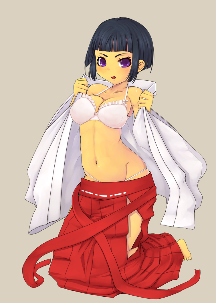 mahito, bad id, bad pixiv id, 1girl, barefoot, black hair, blunt bangs, blush, bra, breasts, female focus, hakama, hakama skirt, japanese clothes, kneeling, large breasts, lingerie, midriff, miko, open clothes, panties, purple eyes, red hakama, short hair, sidelocks, skirt, solo, underwear, undressing