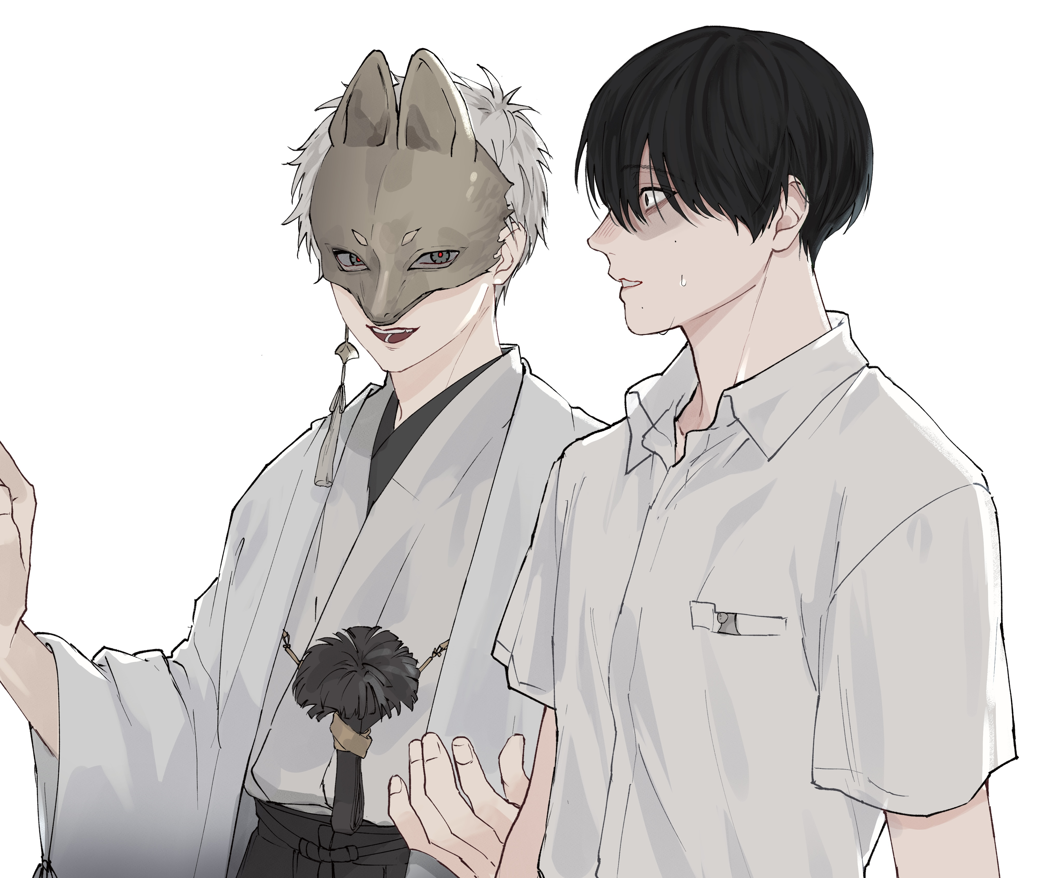 sono nu, fox mask (silent hill), indou hikaru, tsujinaka yoshiki, hikaru ga shinda natsu, silent hill (series), silent hill f, absurdres, commentary request, highres, 2boys, collared shirt, cosplay, fox mask (silent hill) (cosplay), greyscale, japanese clothes, male focus, mole, mole on cheek, mole under mouth, monochrome, multiple boys, multiple moles, open mouth, pocket, red pupils, shirt, short sleeves, simple background, teeth, turn pale, upper body, white background